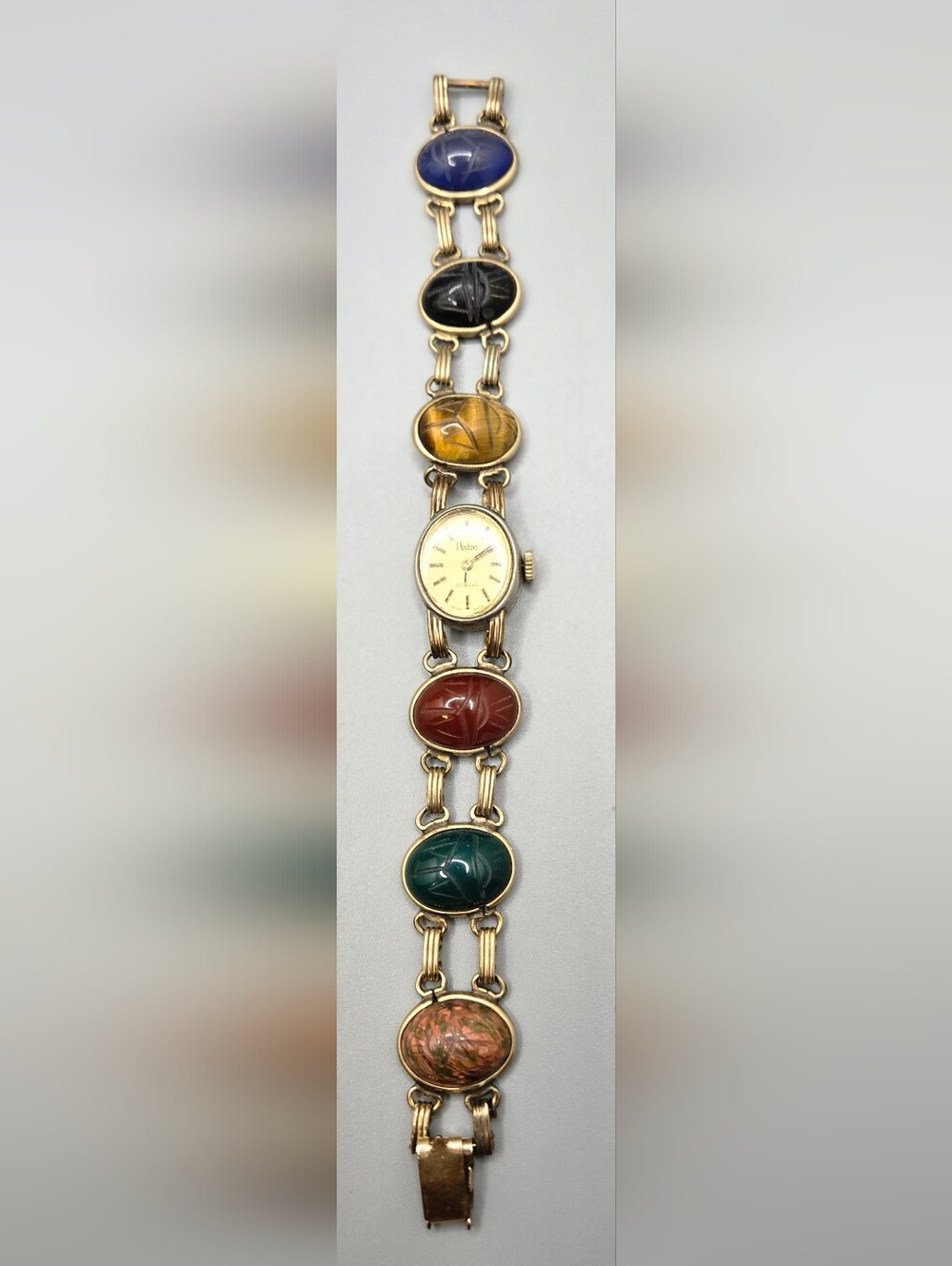 Stone Scarab Link Watch Bracelet Size 6 Wind-Up Watch Works Great!